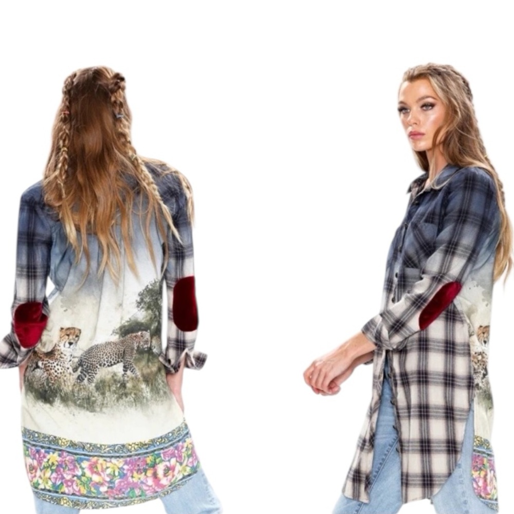 Aratta Blue Plaid Tunic with Leopard Back Print and Red Elbow Patches